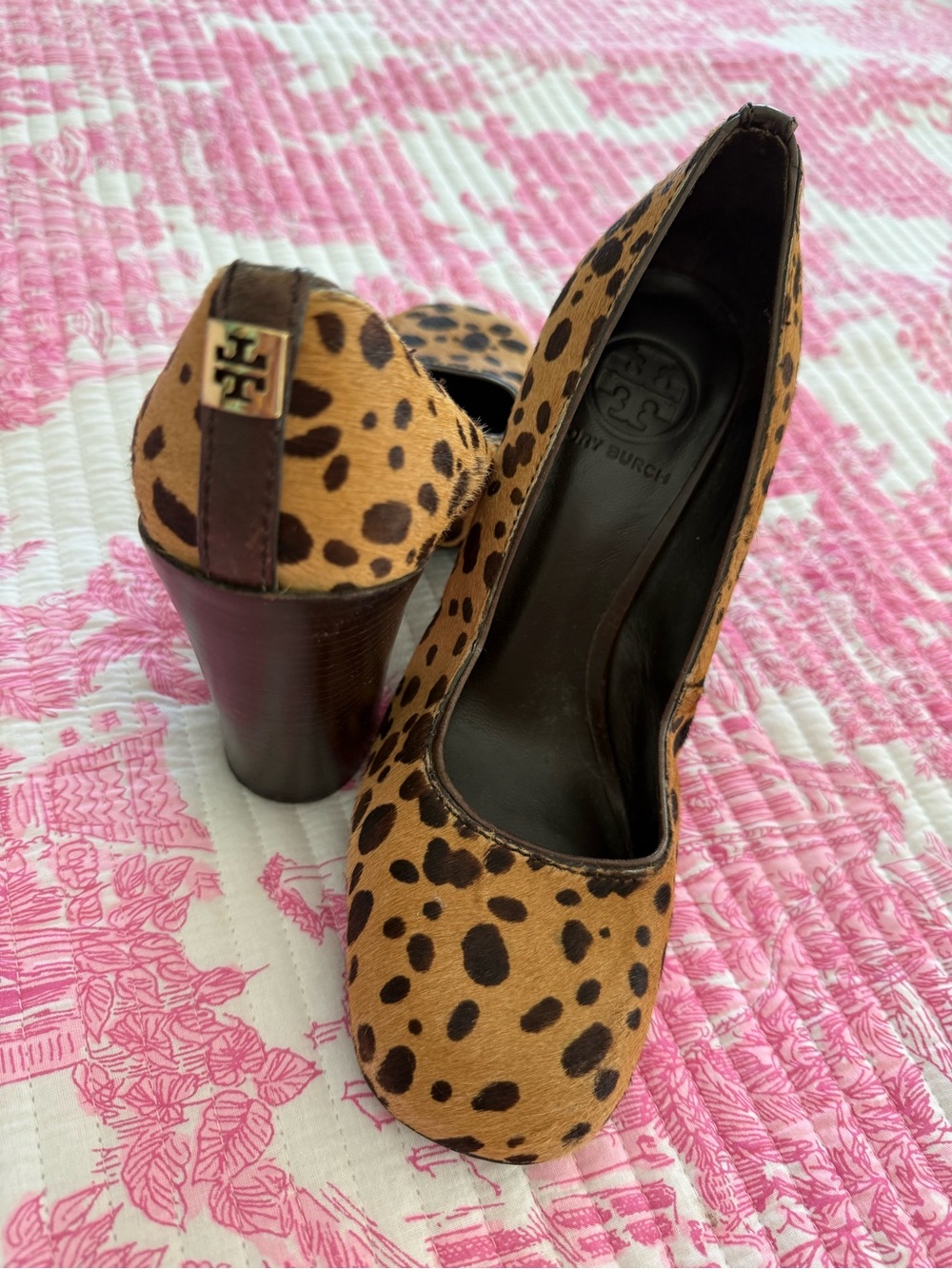 Tory Burch Leopard Spot Calf Hair Block 5 inch Heel Pumps